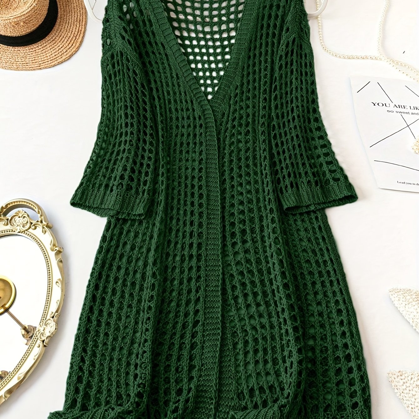 Women Plus Size V-Neck Cardigan Acrylic Hollow Knit Solid Spring Summer