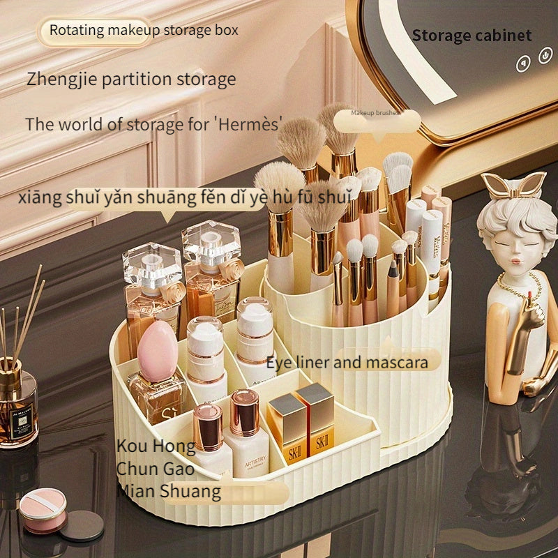 360° Rotating Makeup Organizer Plastic Compact Storage for Brushes Lipsticks Skincare Stationery White Pink Cream