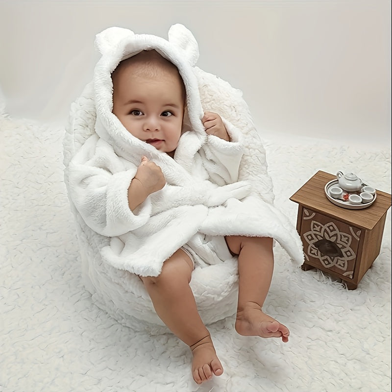 Baby Boy or Girl White Cotton Bathrobe with Matching Nightgown and Plush Towel for Newborn Photos
