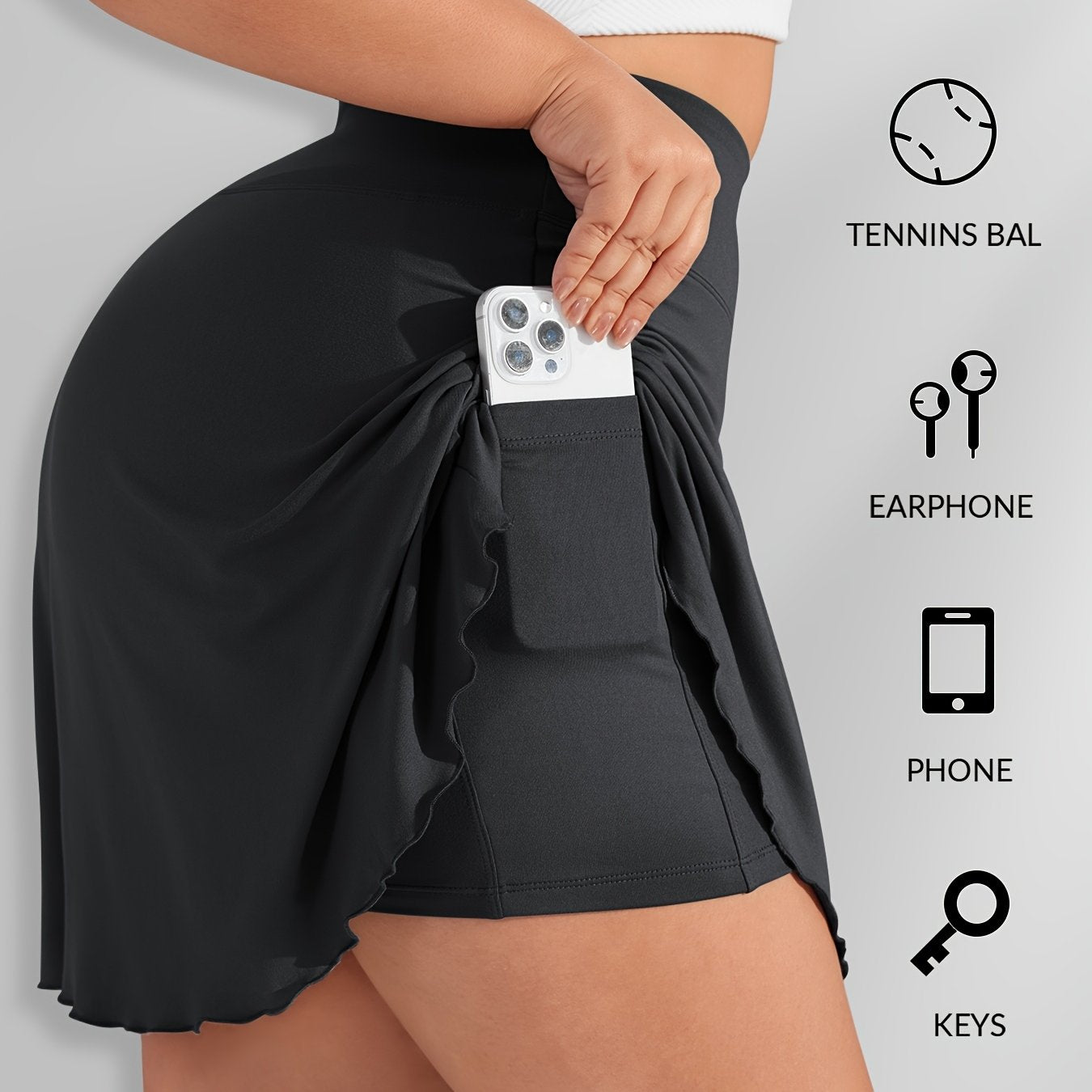 Plus Size Sports Skirt with Pockets High Stretch Polyester Flared Summer Tennis Skirt