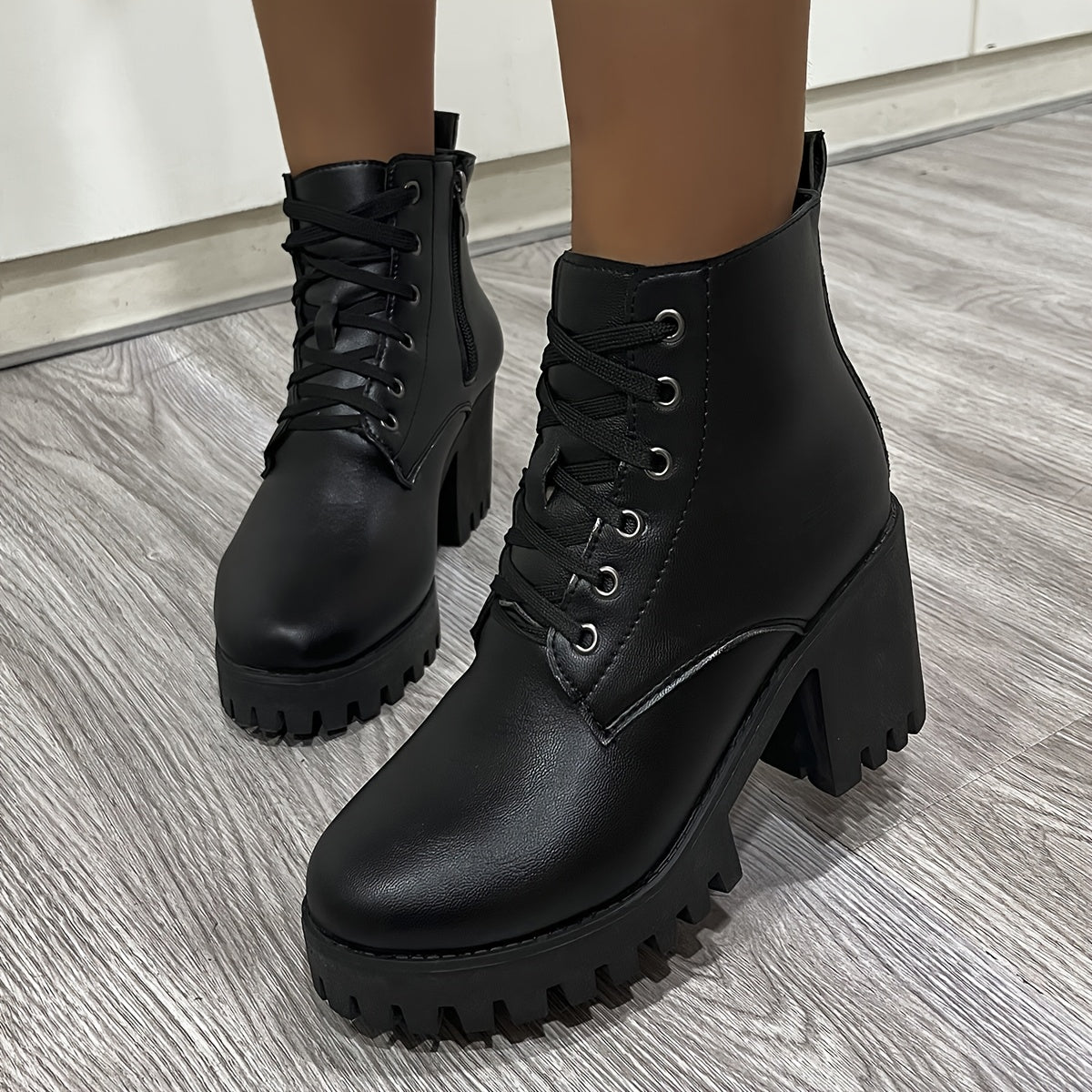 Women's Faux Leather Western Ankle Boots with Chunky Heel and Lace-Up Design