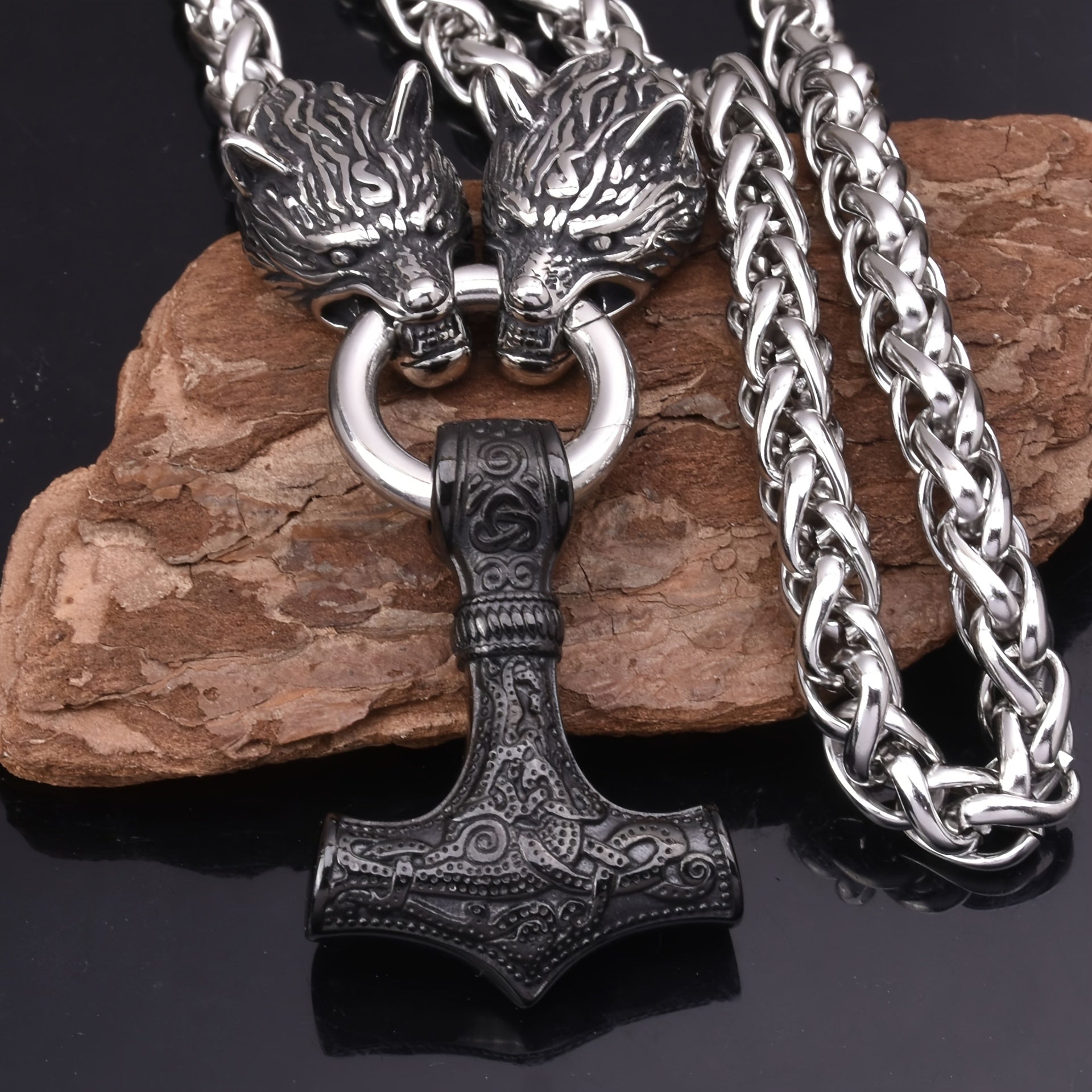 Gold Wolf Head Thor's Hammer Pendant Necklace Men Viking Jewelry