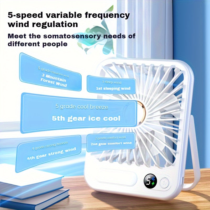 Портативный настольный вентилятор с элегантным белым дизайном, складной на 180°, 5 скоростей, перезаряжаемая батарея, светодиодная ночная лампа, цифровой дисплей - USB питание, долговечная литиевая батарея для дома, офиса, спальни, путешествий, кемпинга.
