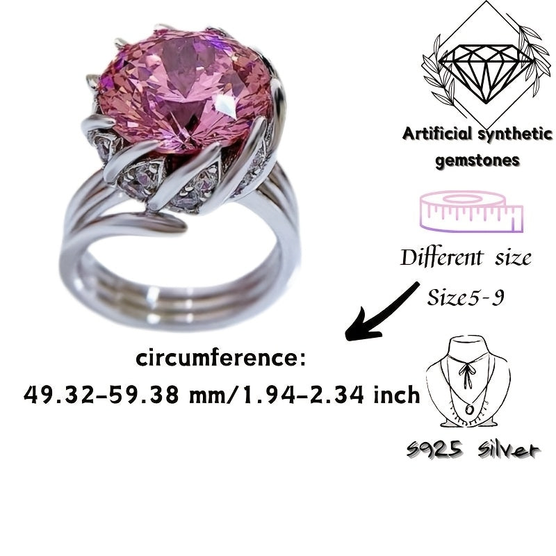 Sterling Silver Lotus Flower Ring with Pink Synthetic Gemstone 7.5 Carats Gift Box