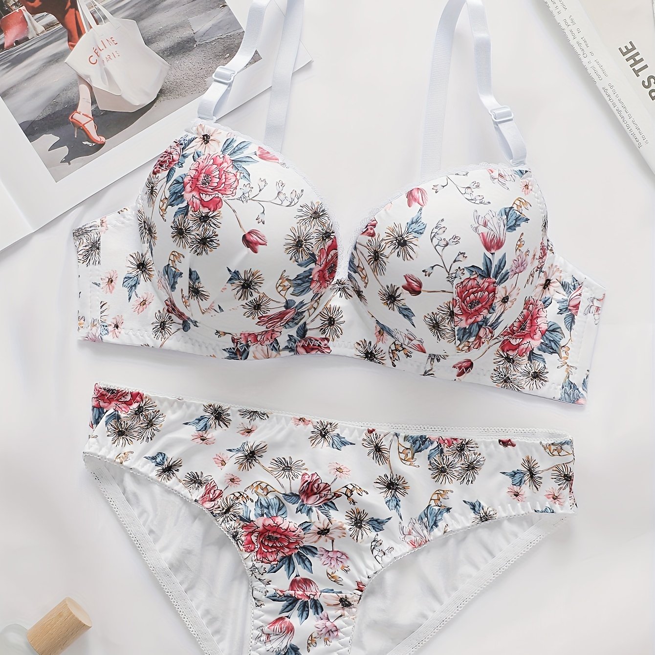 Women's Floral Push-Up Lingerie Set with Underwire Support and Ruched Details