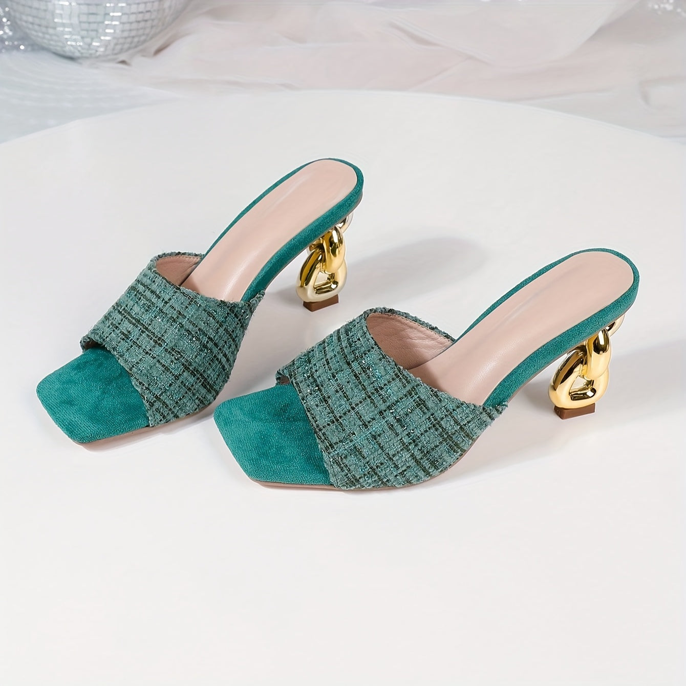 Women's Summer High Heeled Mules with 8-Shaped Block Heels Square Toe Slip-On Party Shoes