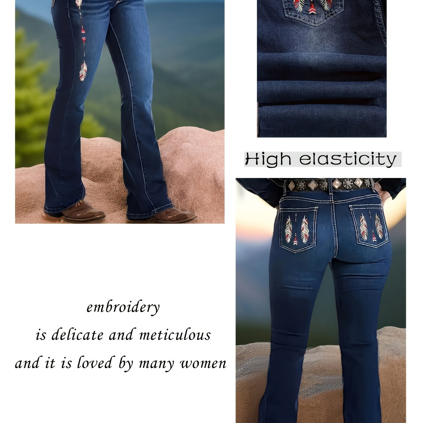 Women's Plus Size Flare Jeans High Stretch Denim Embroidery Casual Western