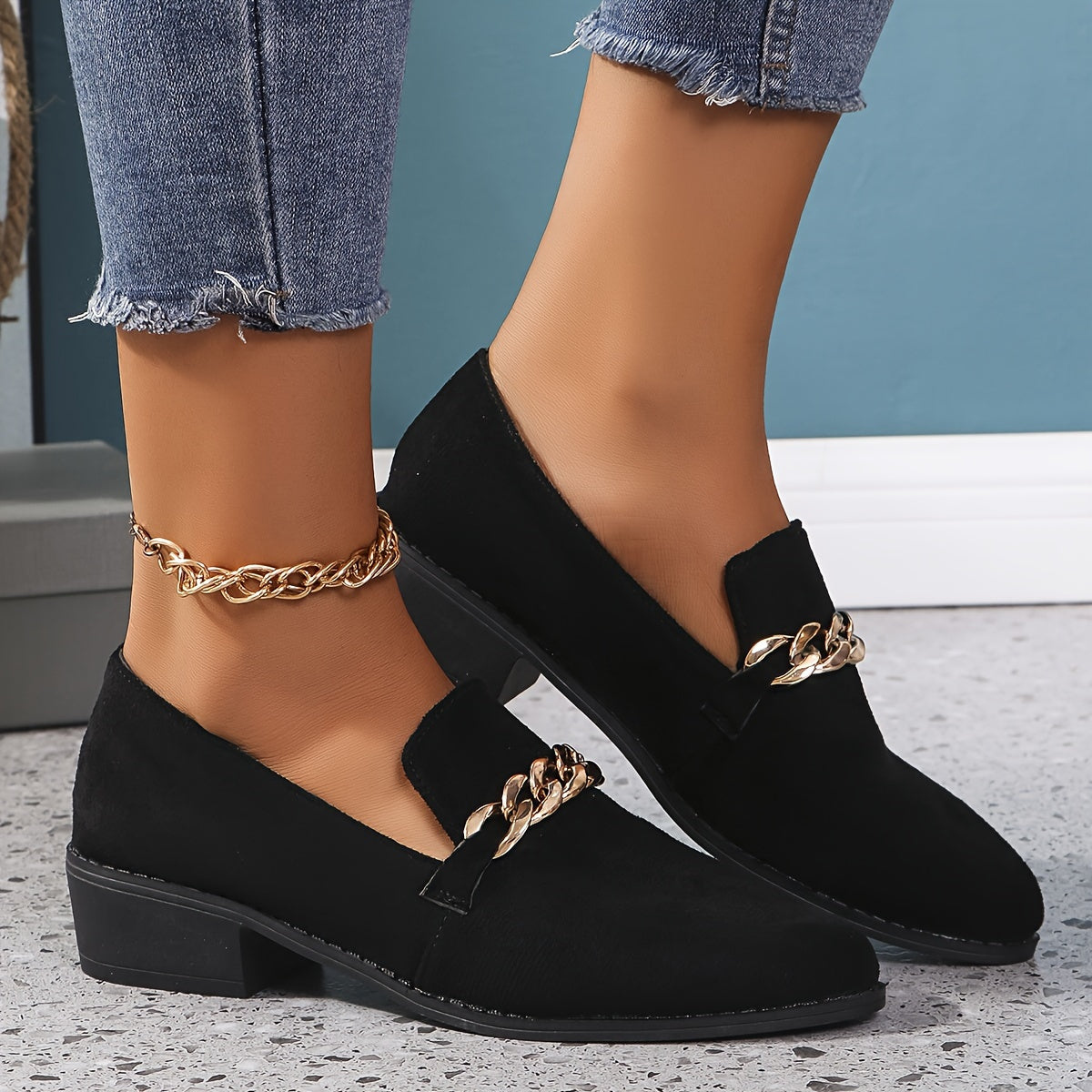 Women's Pointed Toe Flats with Gold Chain, Black Synthetic, Casual Shoes