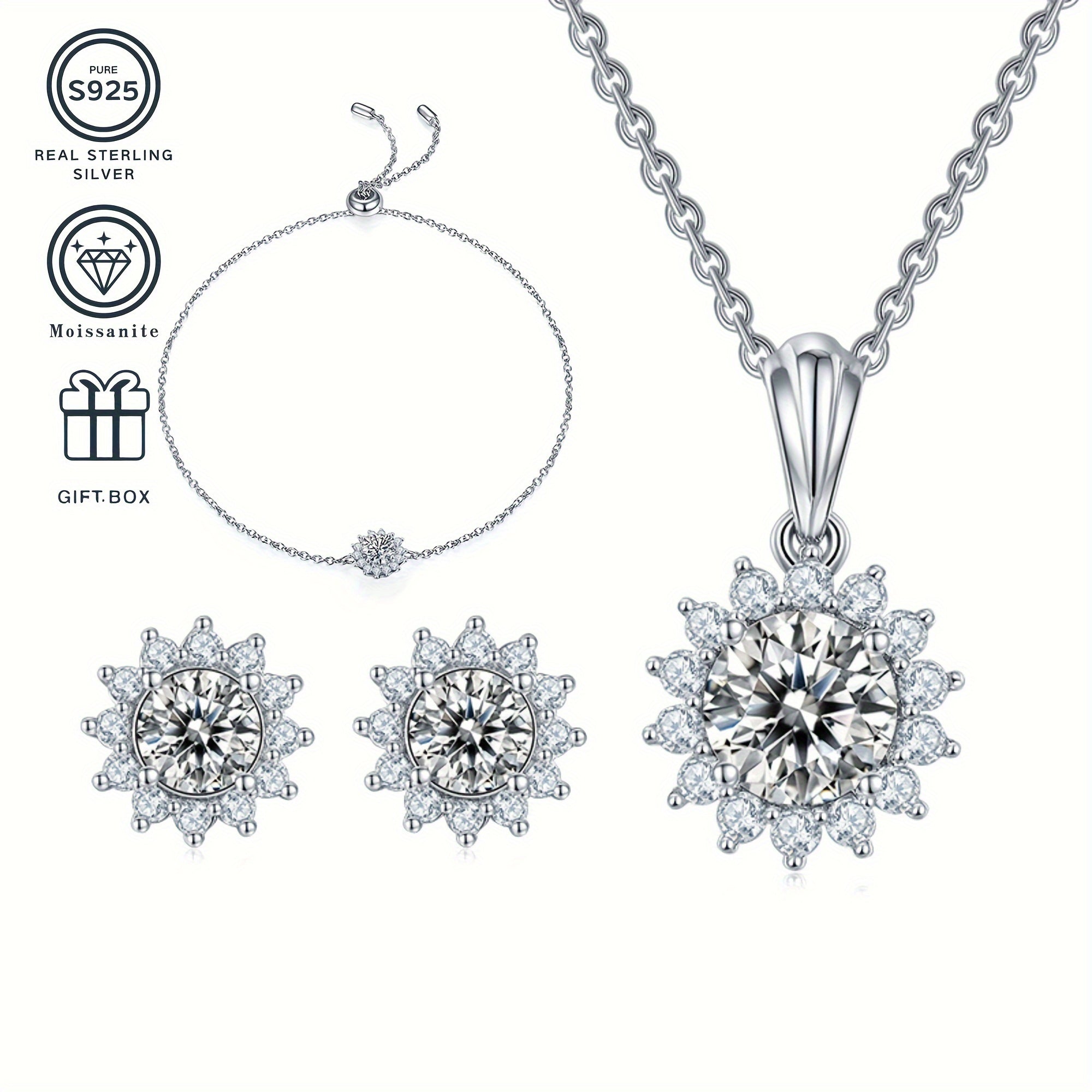 Sunflower Moissanite Jewelry Set in Silver Plating with 1CT Pendant and 0.5CT Earrings for Women