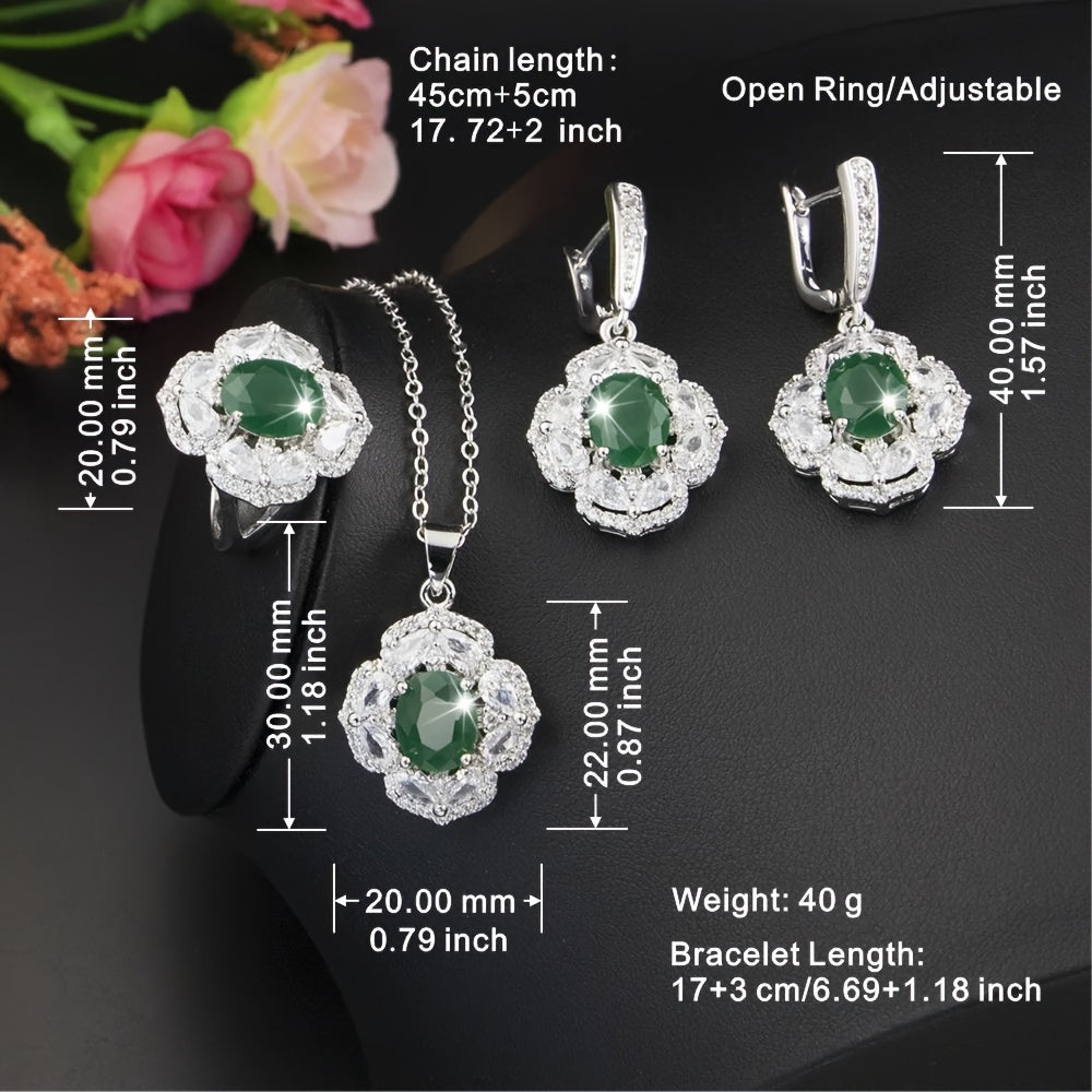 Women’s Jewelry Set with Green Cubic Zirconia and White Gold Plating for Weddings and Events