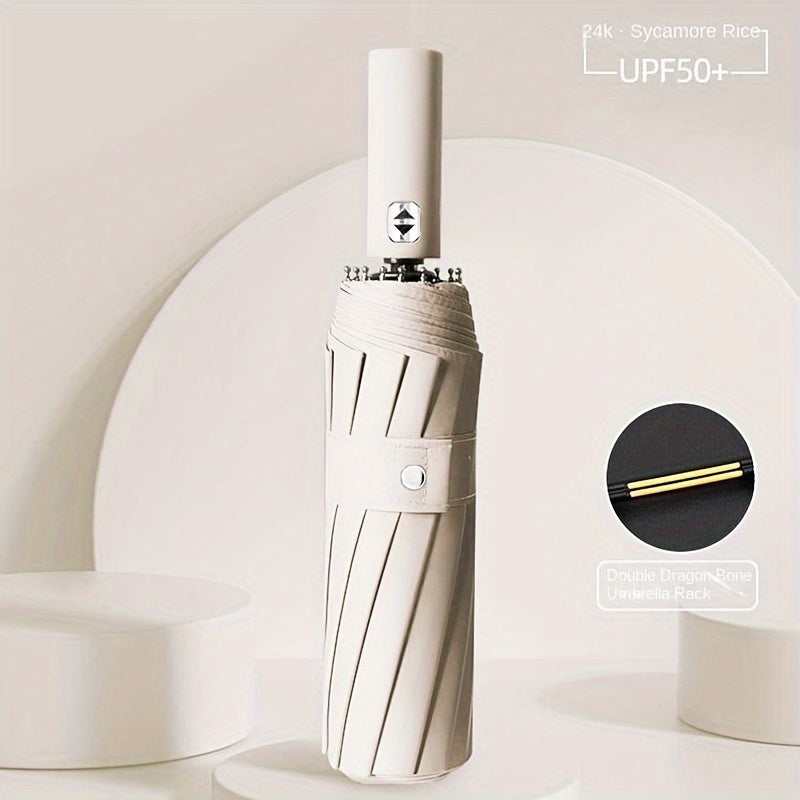 24-Rib Folding Umbrella UV Protection Windproof Waterproof Black Vinyl All Weather