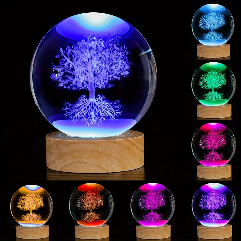 Tree of Life Crystal Ball Night Light Engraved 3D Glass Plant Decor Gift