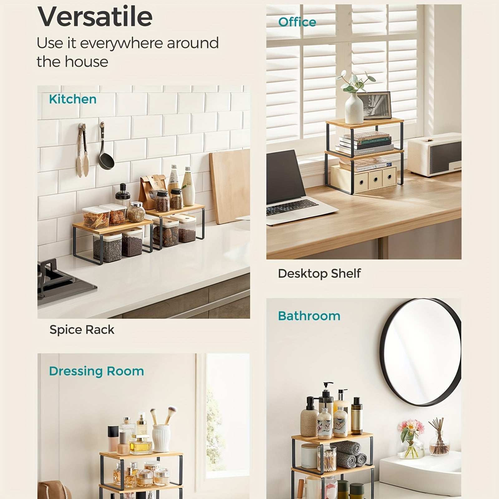 Estantes ajustables para organizador de armario de cocina, apilables, expandibles, de metal y madera, estante de esquina pulido