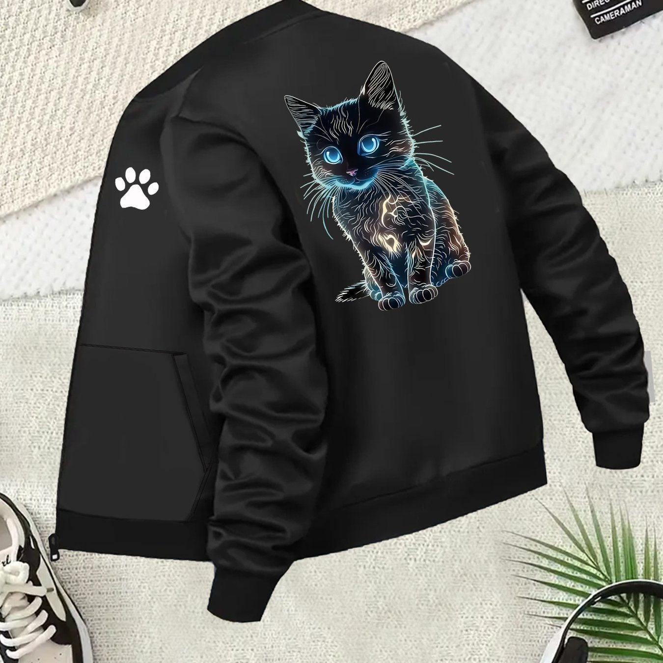 Women's Plus Size Casual Jacket with Cat Print Long Sleeve Zip-Up Black Blue White
