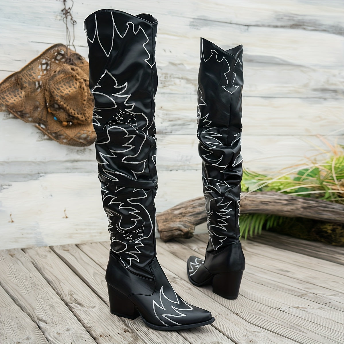 Women's Black Floral Embossed Faux Over-the-Knee Boots Pointed Toe Chunky Heel
