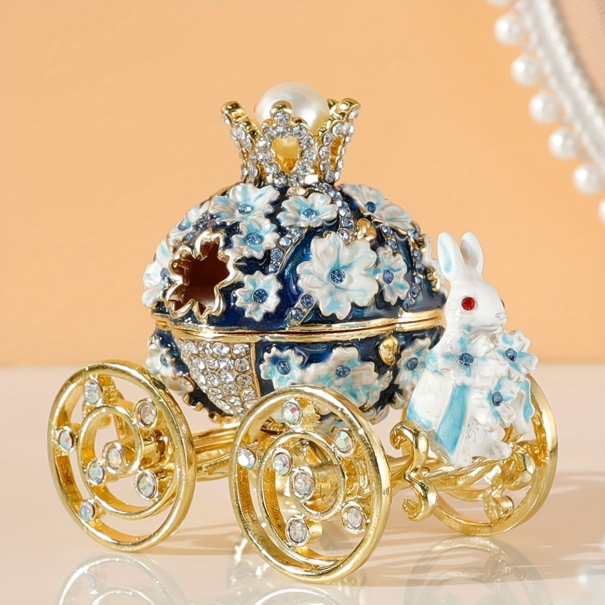 Pink Cherry Blossom Rabbit Jewelry Box Enamel Alloy with Magnetic Closure and Crystal Ring Holder