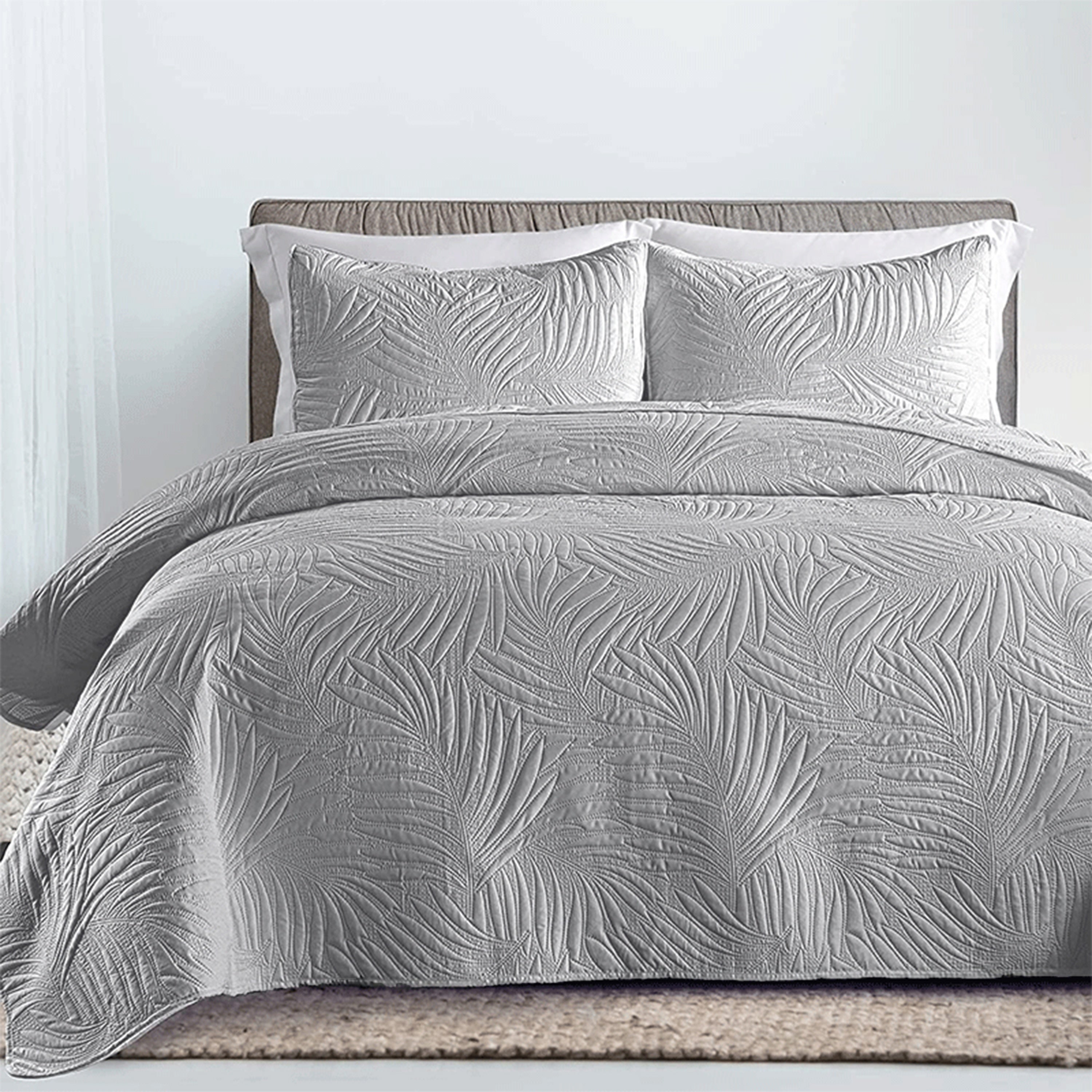 Bedroom Dormitory Bedspread Set with Leaf Embossed Design and Pillowcases