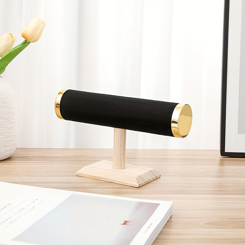 Wood Jewelry Organizer Stand with Velvet Lining and Gold Accents for Necklaces Watches and Bracelets