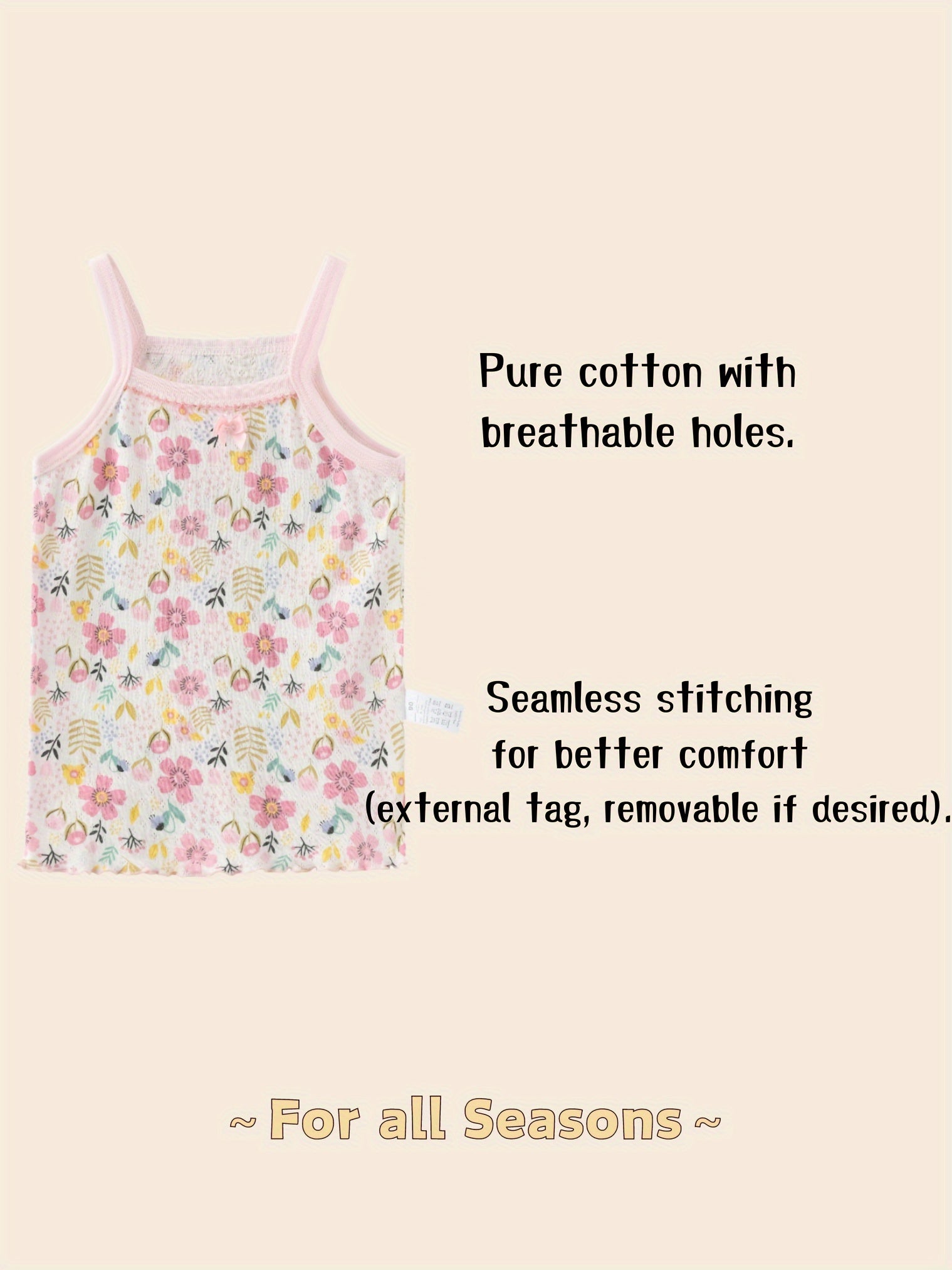 Girls' Floral Print Tank Tops Set with Bow Details Off-Shoulder Semi-Sheer Knit Fabric