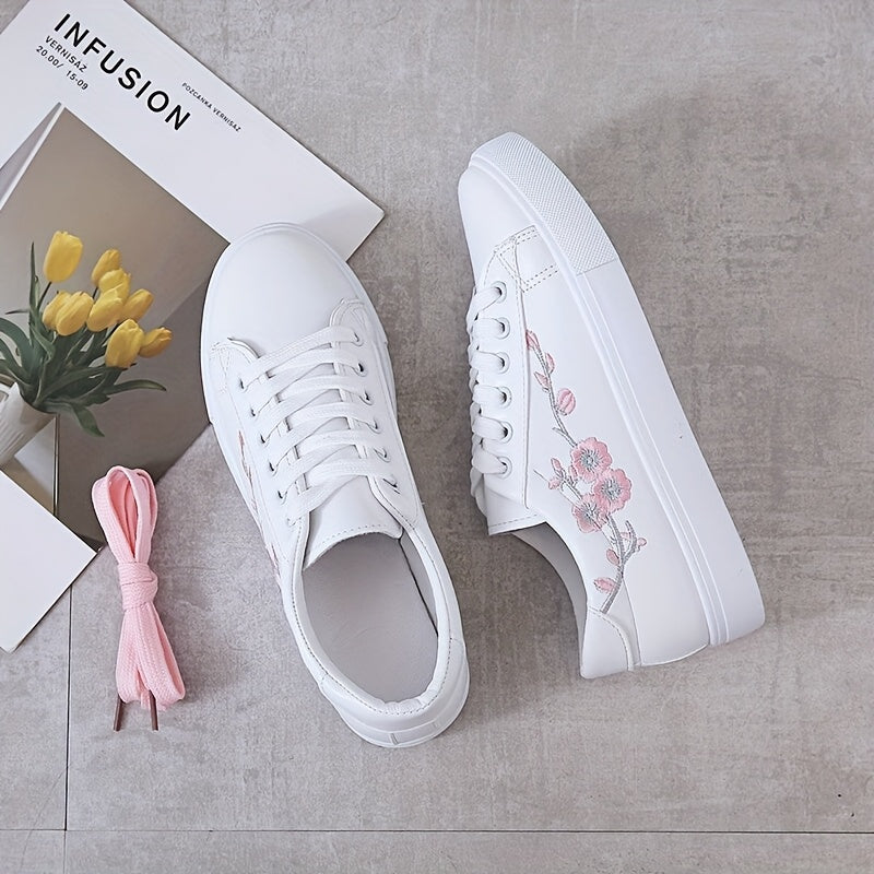 Women's Floral Embroidered White Low-Top Sneakers Synthetic Casual Shoes