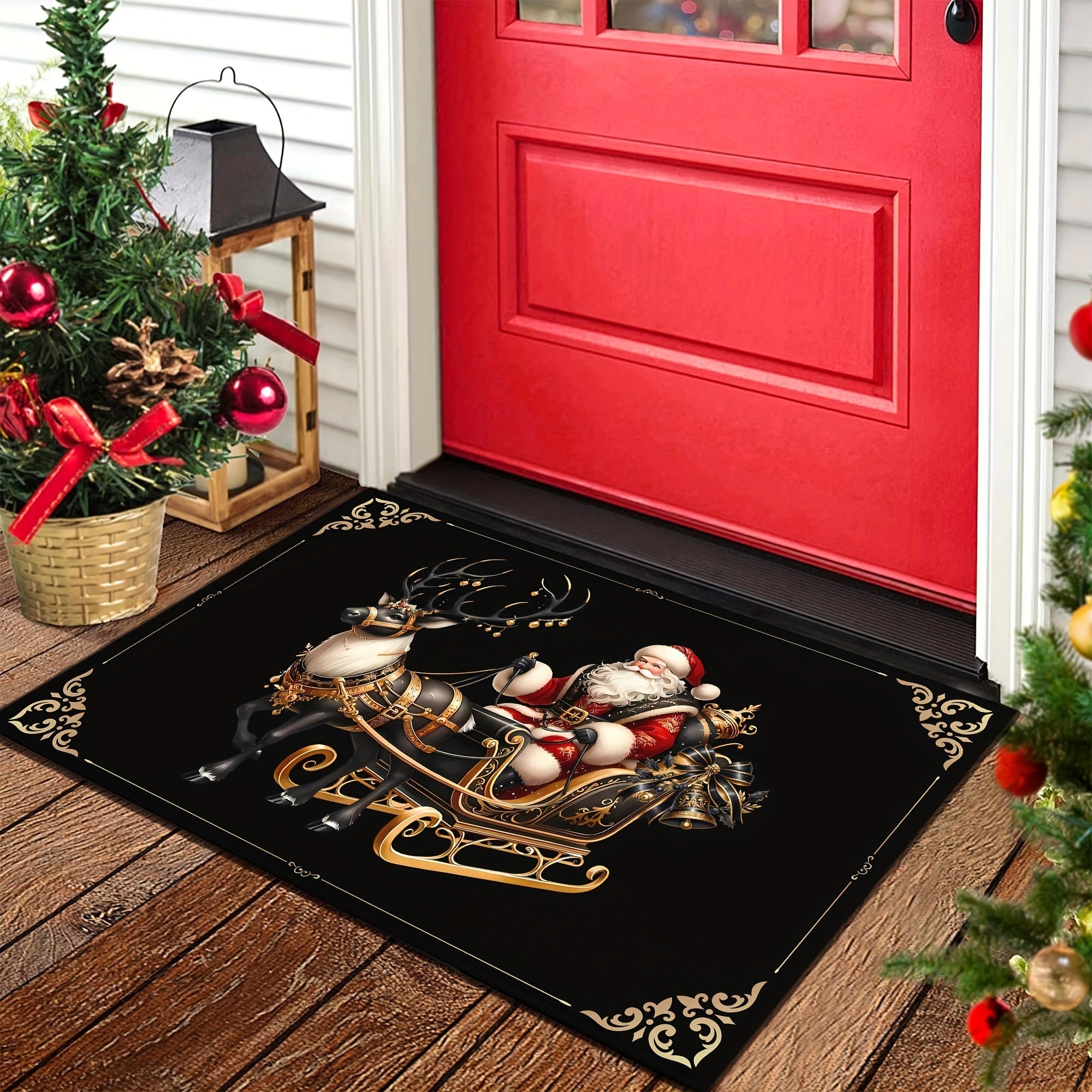 Merry Christmas Welcome Doormat Non-Slip Machine Washable Black Gold Elk Decor