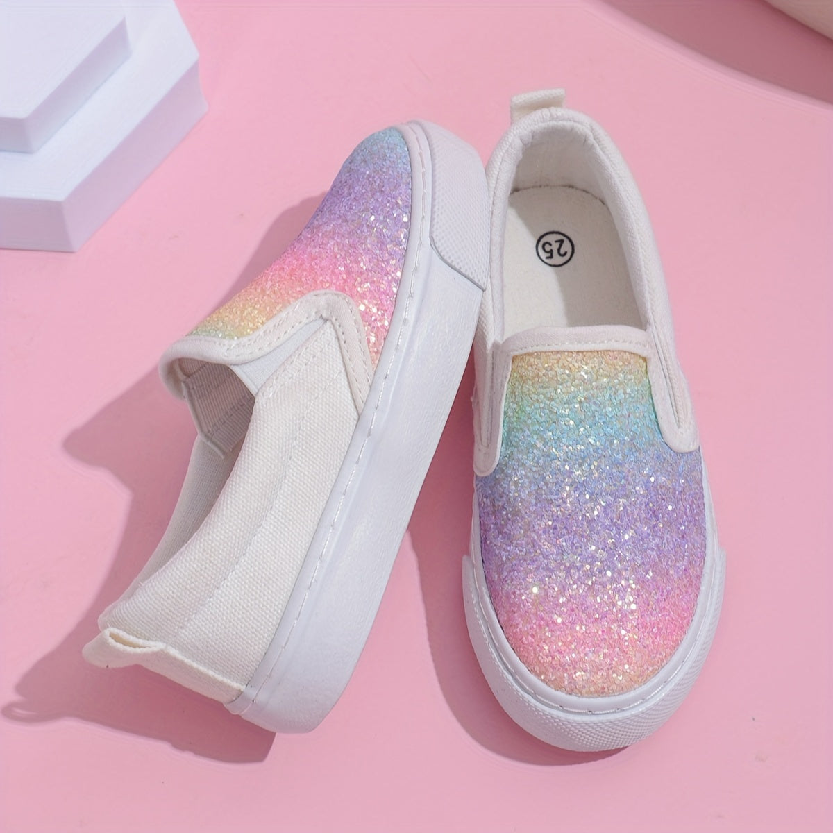 Girls' Rainbow Glitter Slip-On Sneakers Lightweight Canvas Rubber Sole Casual School Sports
