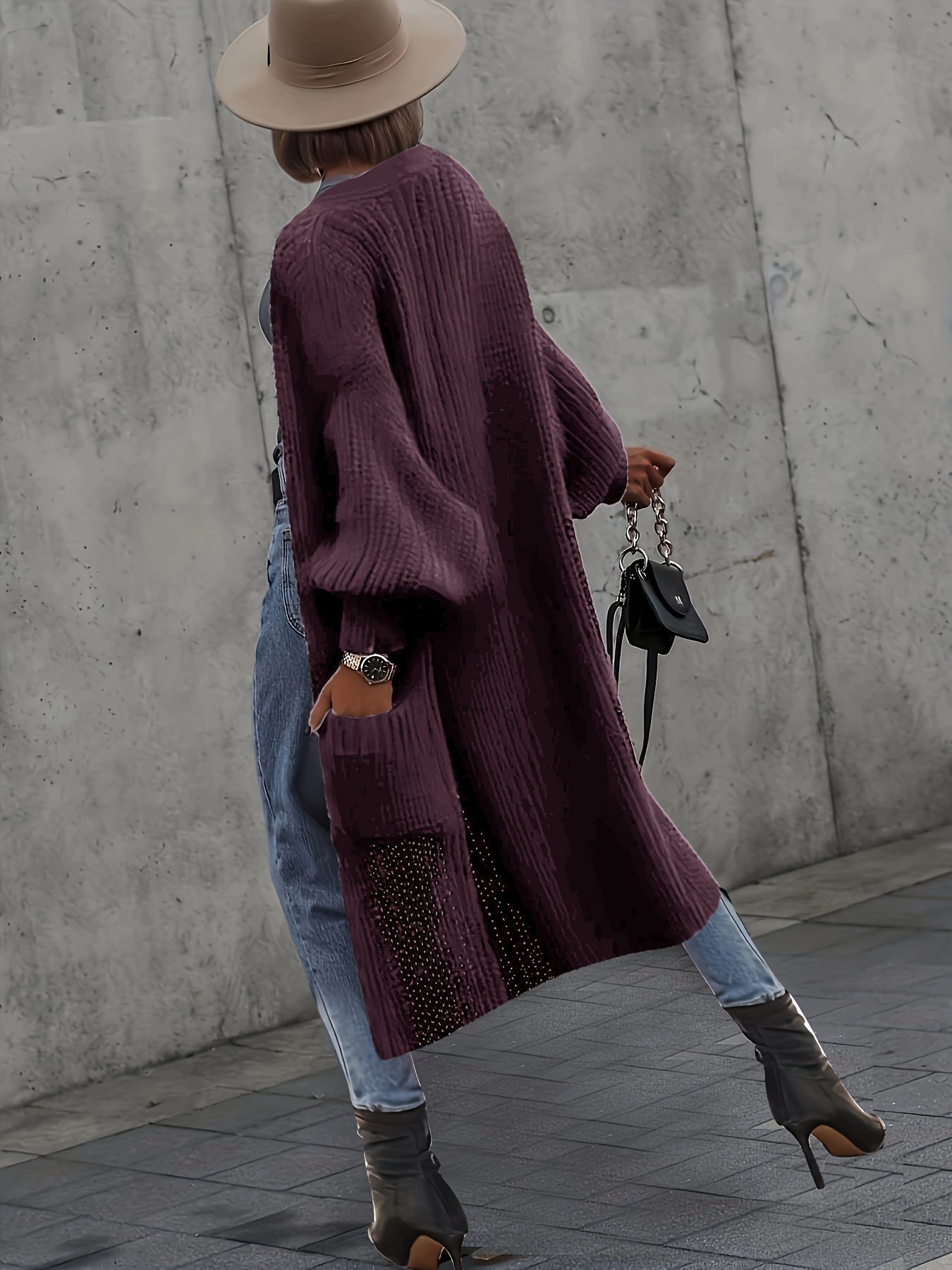 Plus Size Women's Rib Knit Open Front Longline Cardigan Gray