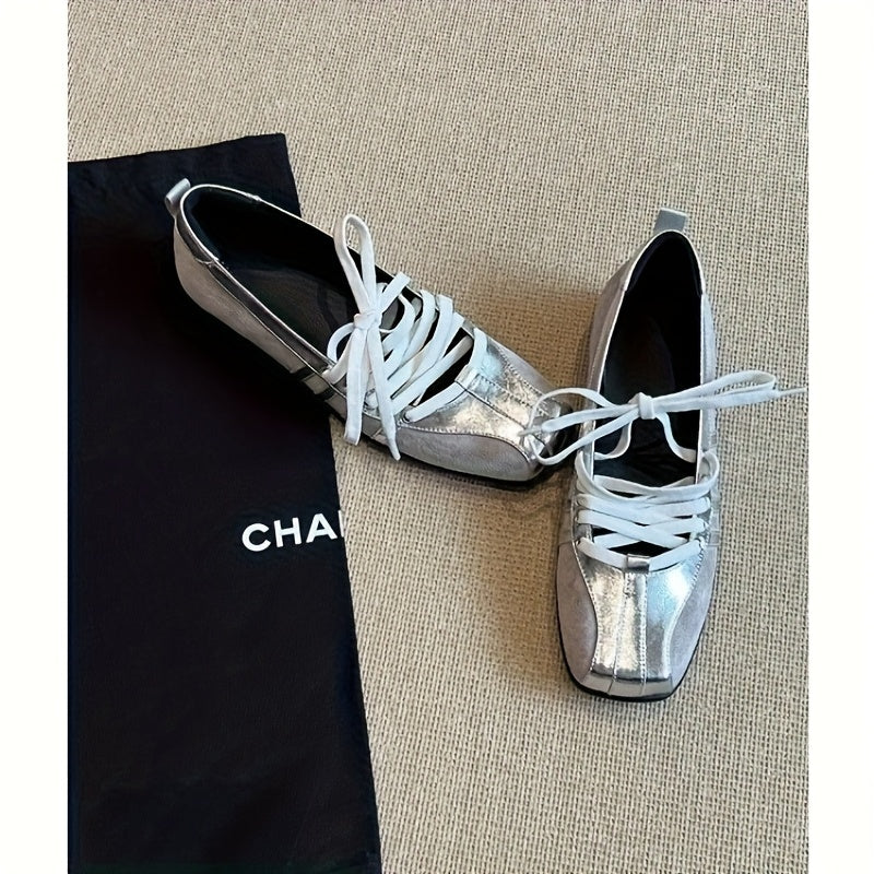 Women's Vintage Leather Ballet Flats Casual Color Block Shoes