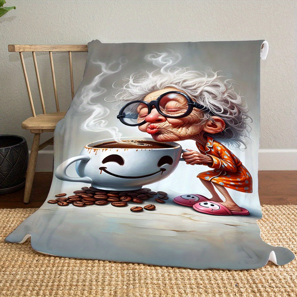 Cozy Flannel Blanket with Coffee Print Lightweight All-Season Knit Throw for Living Room Bed Decor