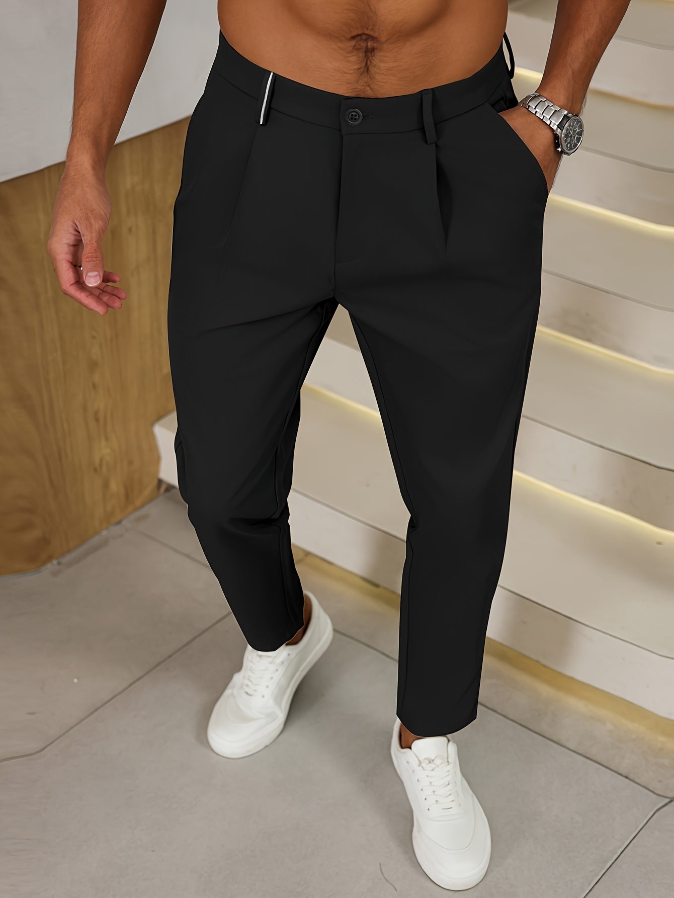 Men's Casual Woven Fabric Pants with Pleats and Elegant Waistband