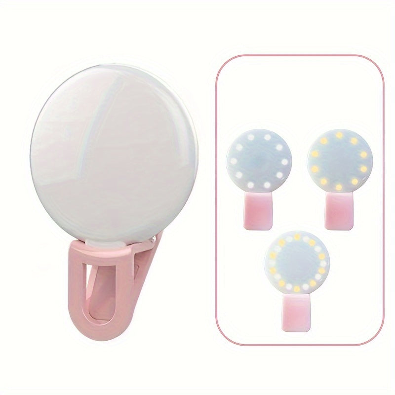 Клипсовый профессиональный светодиодный кольцевой свет с 3 цветовыми режимами для селфи на смартфоне, с теплыми и белыми световыми опциями.