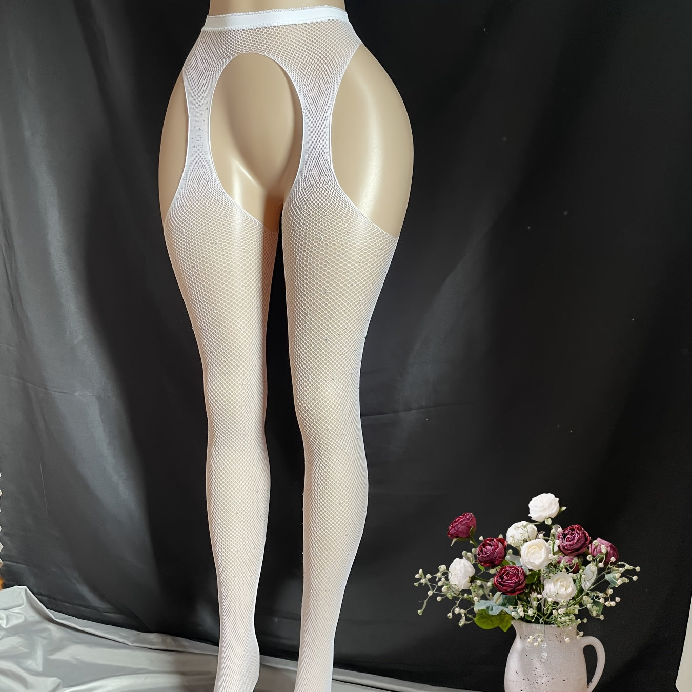 Women's High-Waisted Elastic Seamless White Pantyhose with Crystal Embellishments