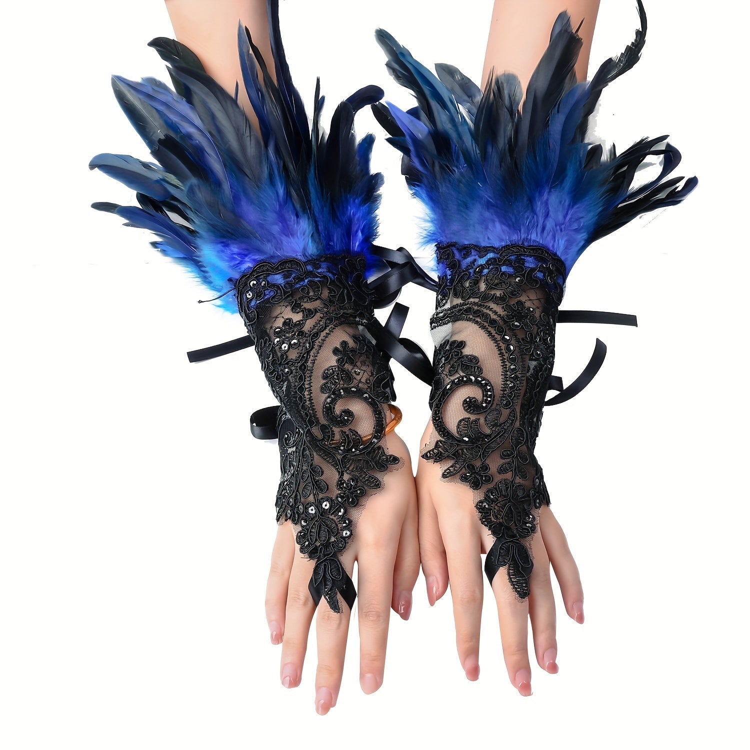 Gothic Lace Gloves with Faux Feathers Sequins and Lace-Up Hooks for Halloween