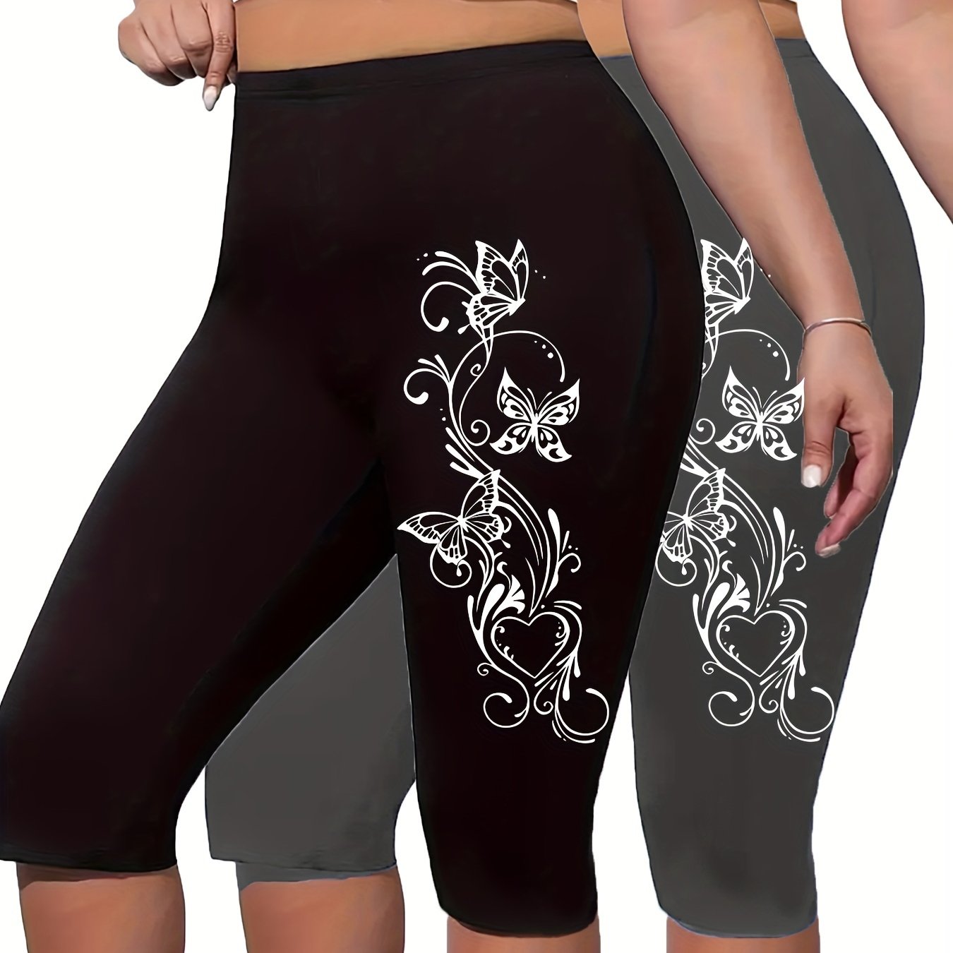 Plus Size Butterfly Print Capri Leggings High Waist Stretchy Spring Summer Women