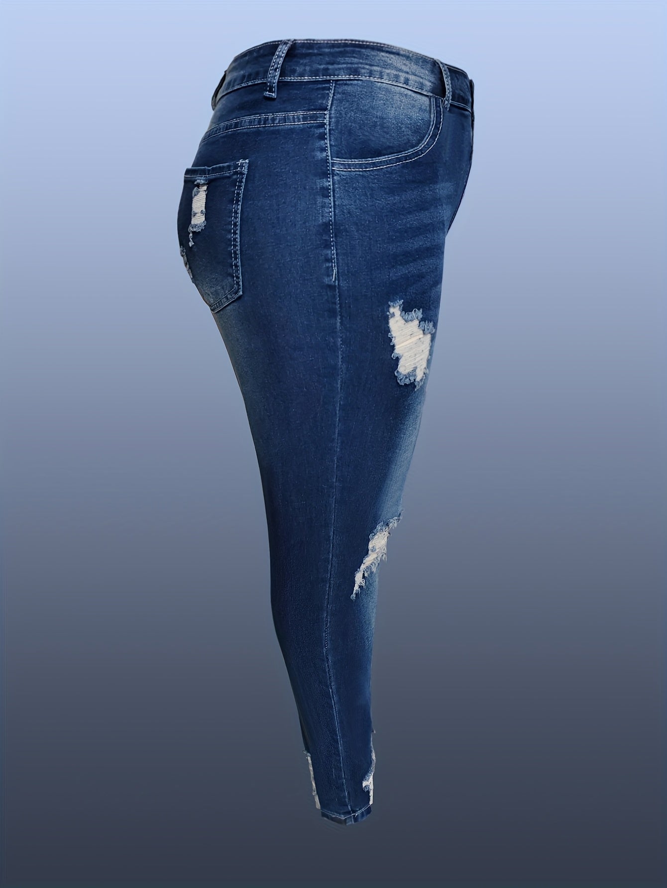 Women Plus Size High Waist Blue Ripped Skinny Jeans with Stretchy Fabric