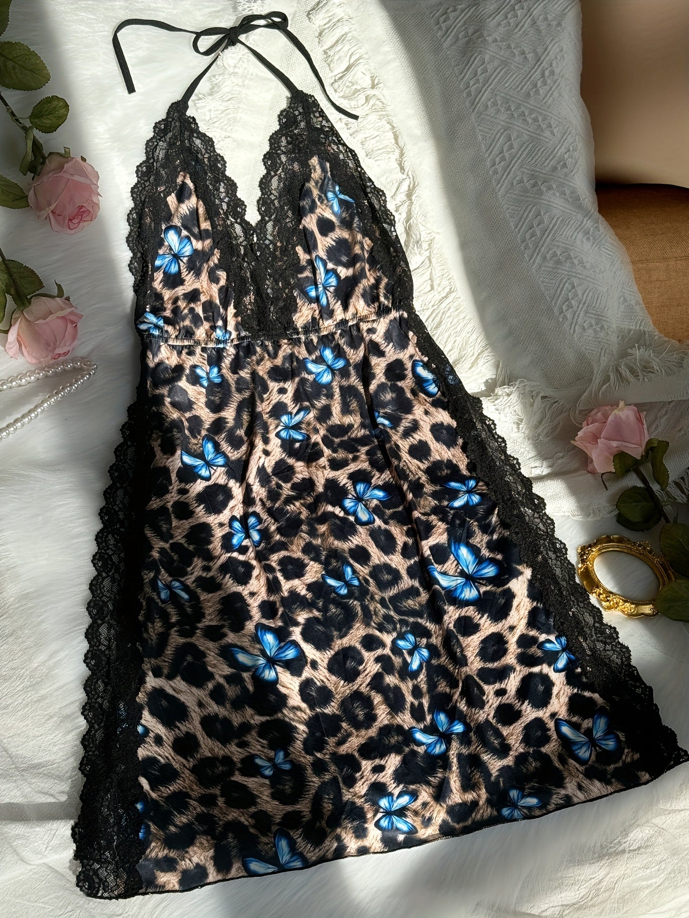 Women's Lace Leopard Butterfly Sleepwear Split Thigh Backless Nightdress