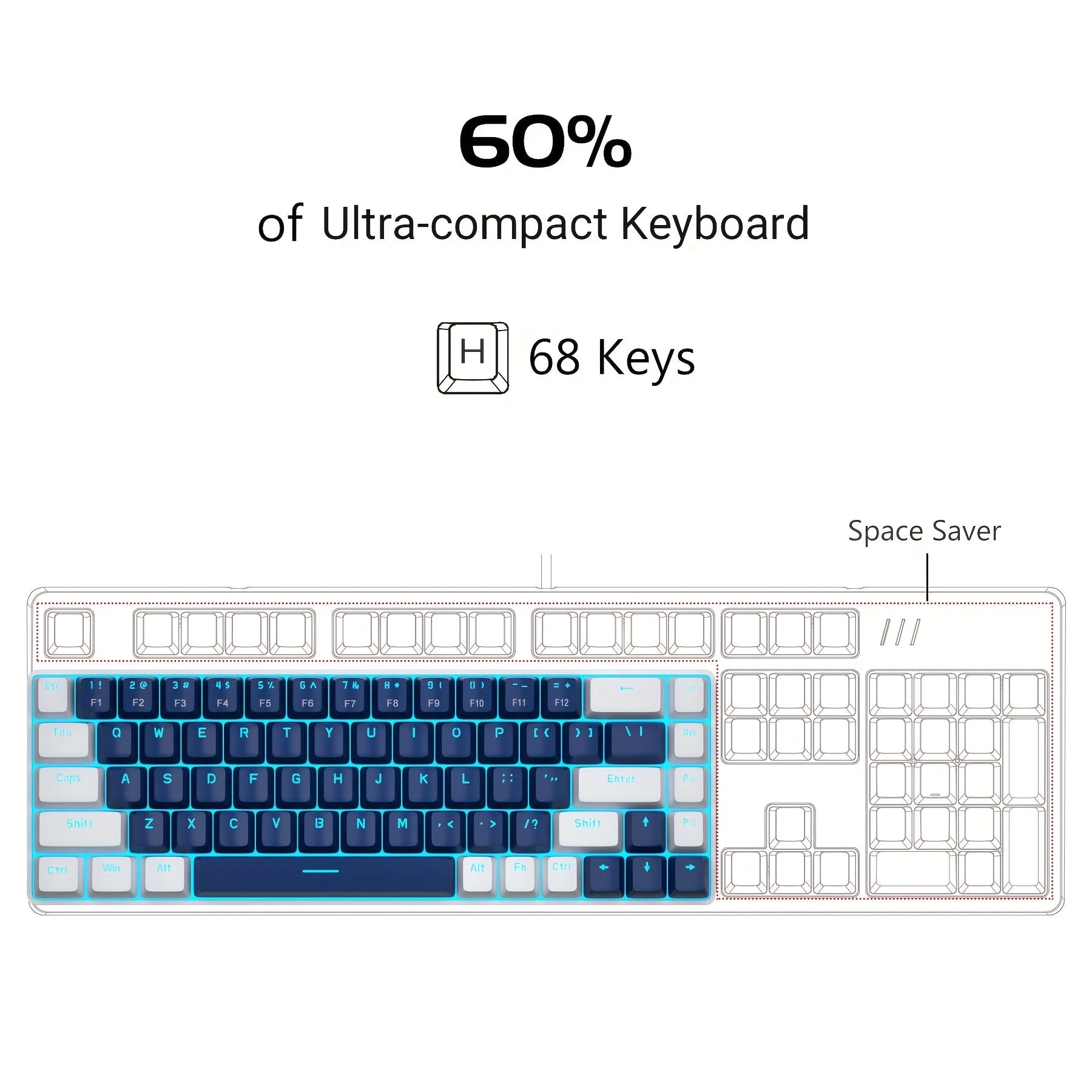 Teclado mecánico compacto para juegos del 60% con interruptores azules, retroiluminación LED, ergonómico para Windows, Mac, PC y portátil