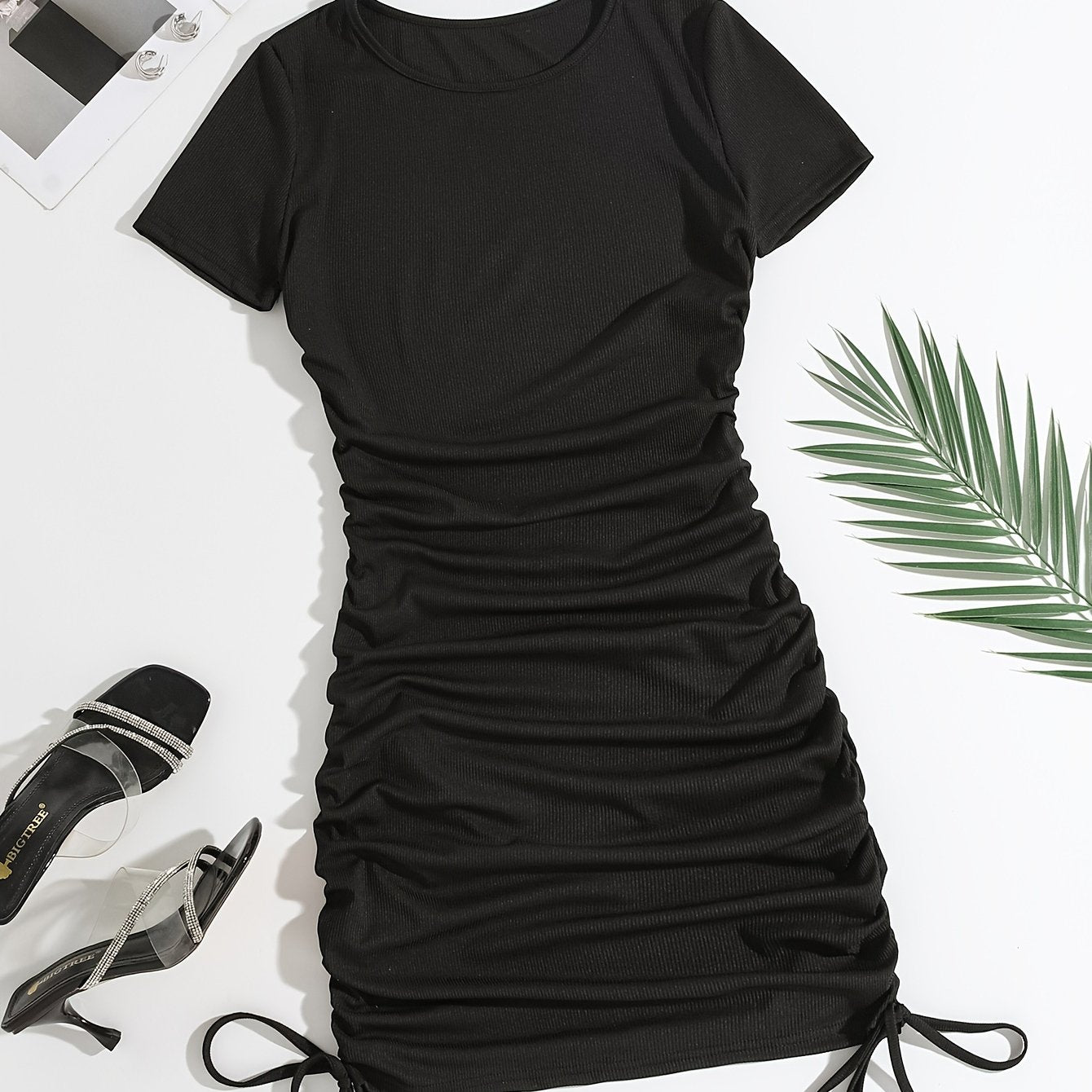 Women's Black Bodycon Dress with Ruching Short Sleeves and Flamingo Print