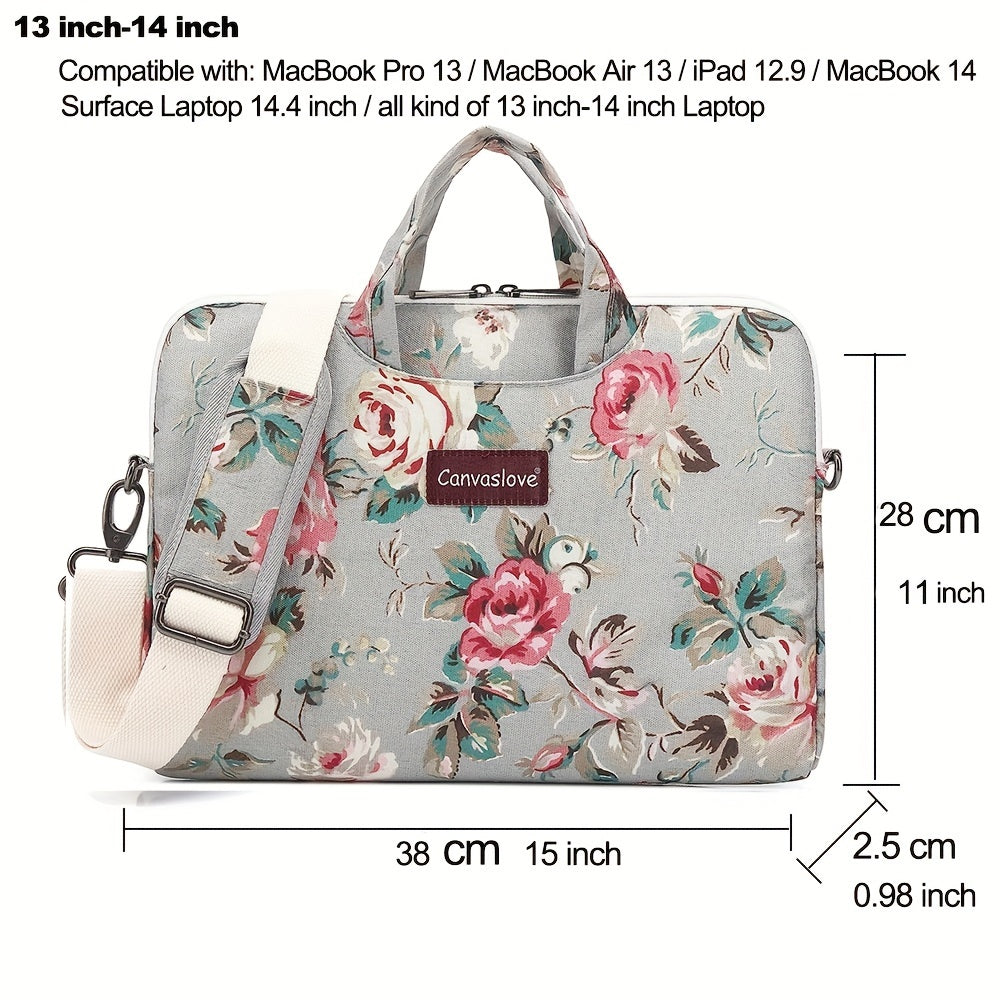 Water-Resistant Canvas Laptop Bag with Rose Pattern and Adjustable Shoulder Strap