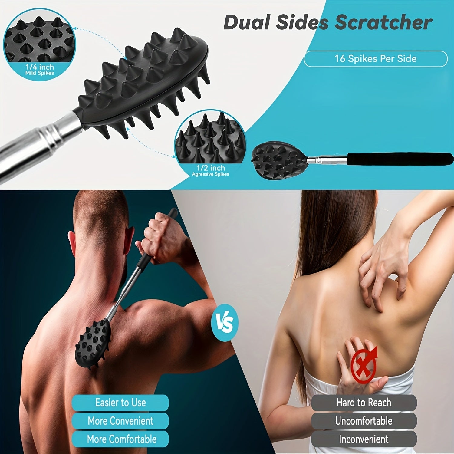 Back Scratcher with Retractable Handle 24 Inch Long Spiky Texture Ergonomic Durable for Home and Travel