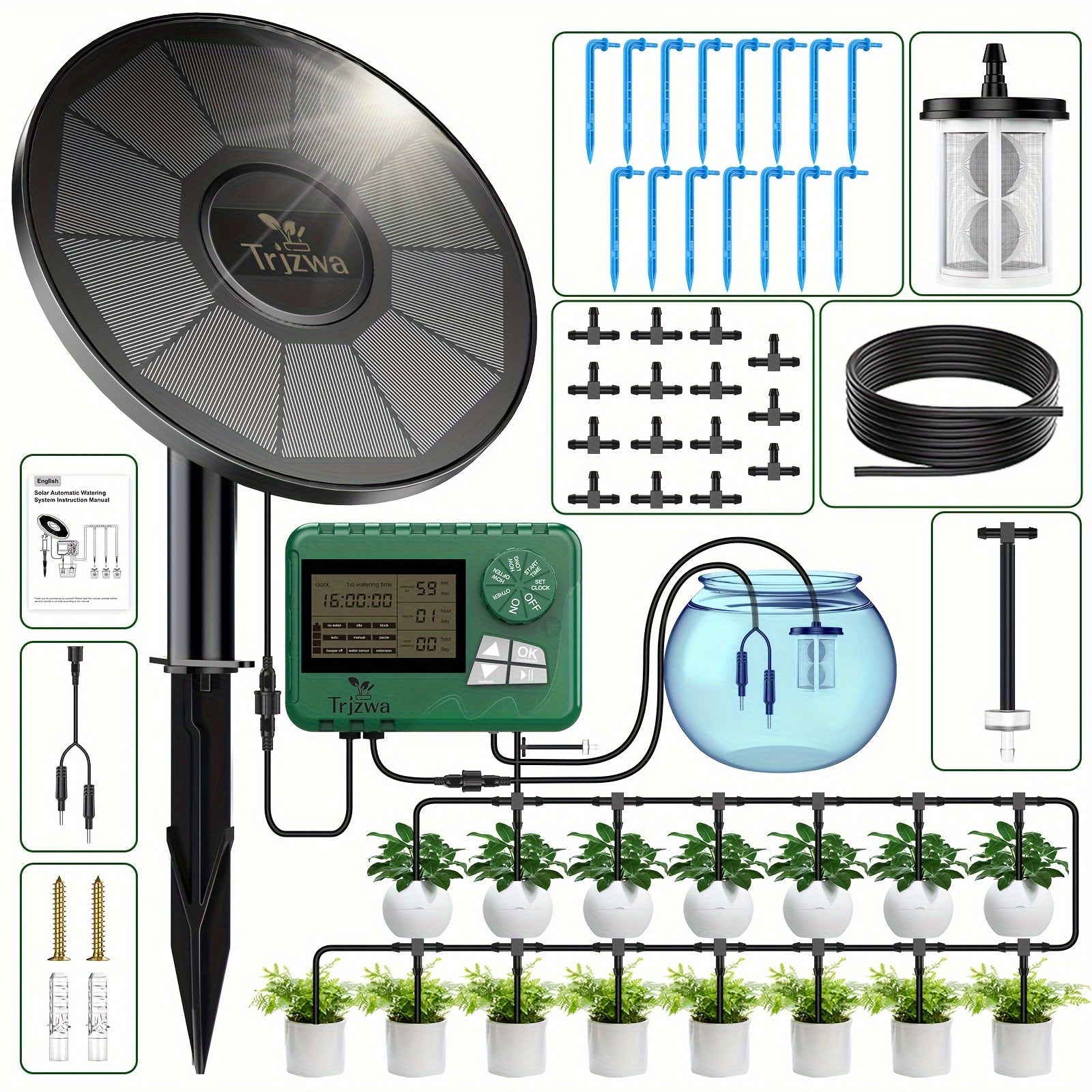 Solar Powered Drip Irrigation Kit with LCD Timer for Indoor Outdoor Gardening