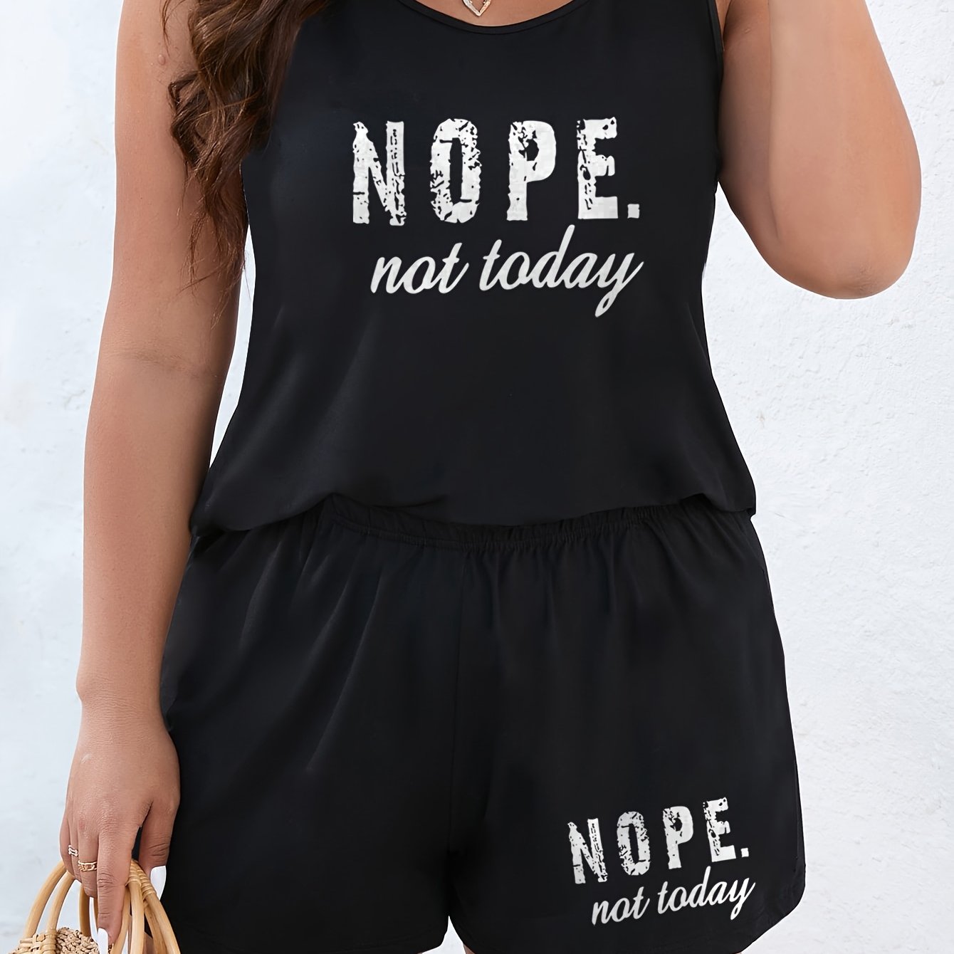 Plus Size Women's Loungewear Pajama Set with Letter Print Tank Top and Shorts
