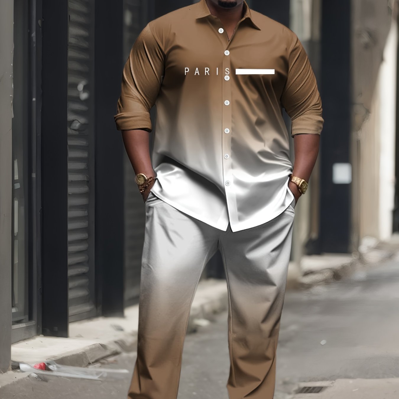 Plus Size Men's Knit Set Casual Striped Wave Pattern with Pockets Polyester Blend