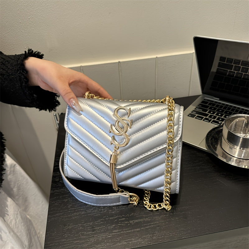 PU Chain Decorated V-Shaped Tassel Square Shoulder Bag