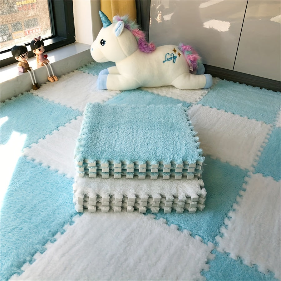 24pcs Light Blue and White Checkered Interlocking Foam Floor Tiles 29.97cm for Bedroom Living Room Nurseries