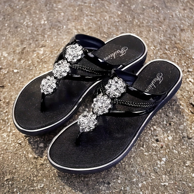Women's Open Toe Rhinestone Flat Sandals for Beach and Casual Wear