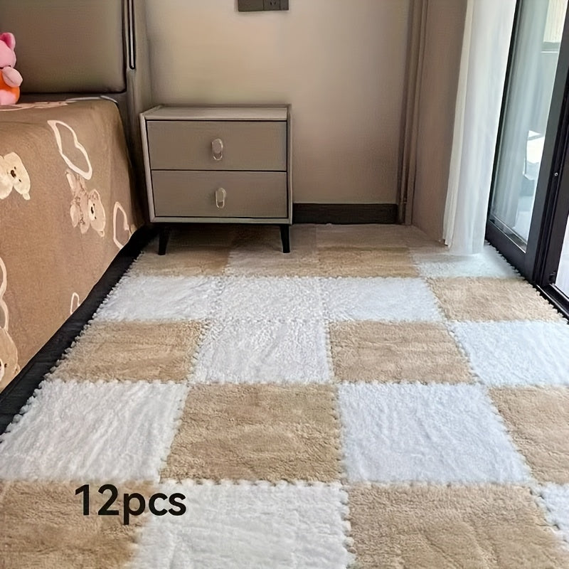 12pcs Square Flower Pattern Plush Area Rugs Set Washable Non-Slip Low Pile Polyester EVA Bedroom Living Room Decor