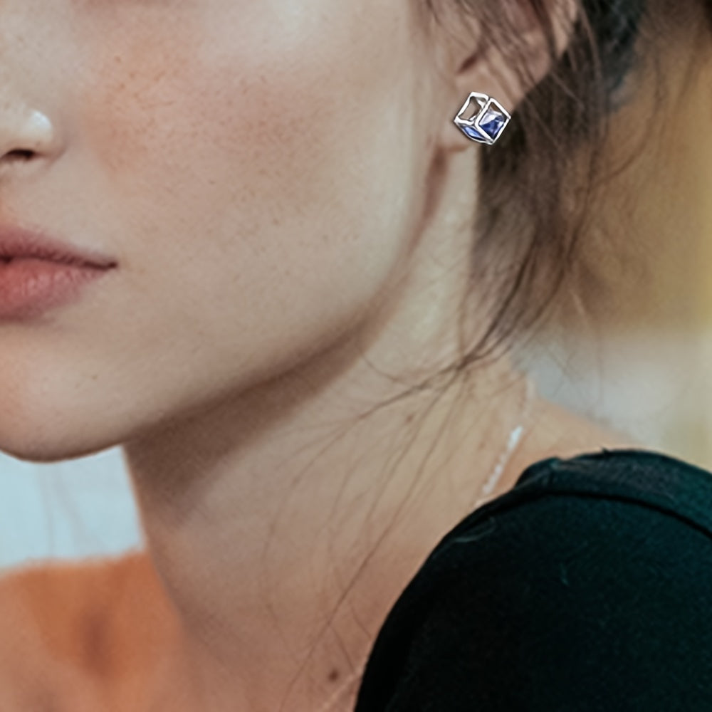 Small 3D Cube Birthstone Stud Earrings for Women Sterling Silver Minimalist Birthday Gift