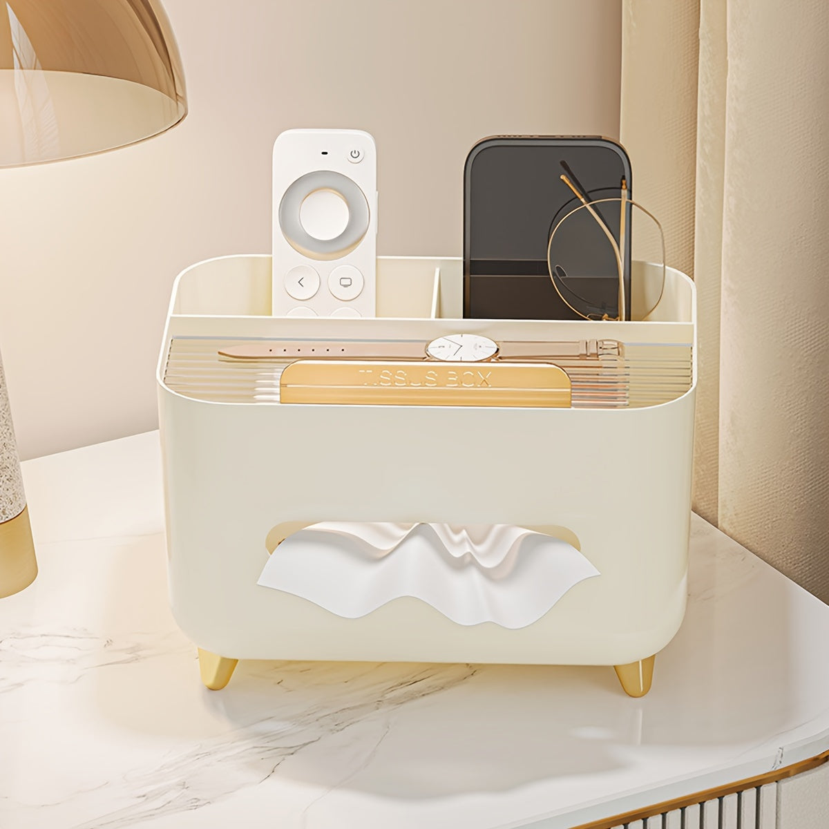 Multifunctional Desktop Organizer with Tissue Box and Remote Storage Plastic