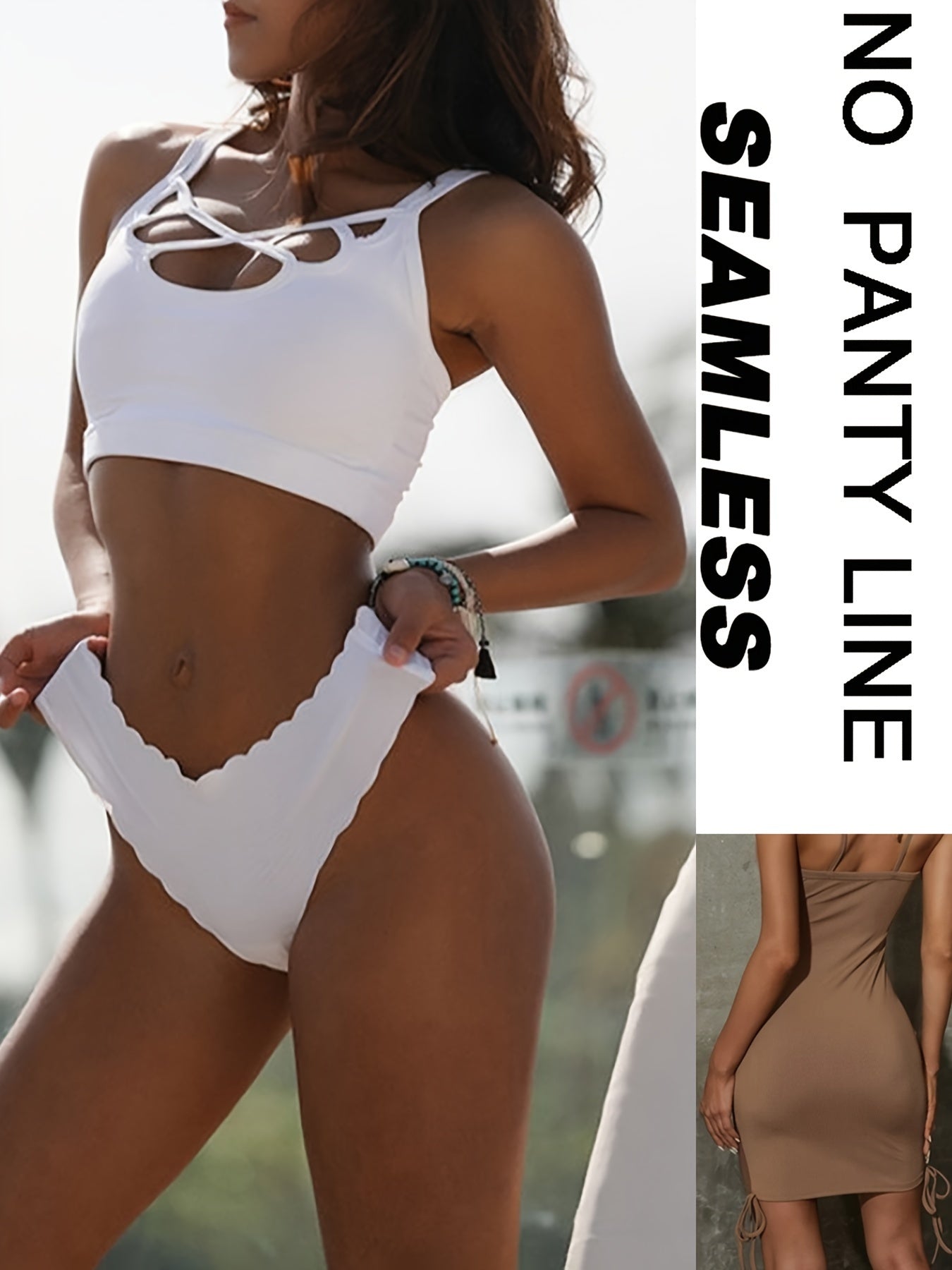 Seamless Scallop Trim Thongs for Women 6 Pack Soft Stretchy Solid Color